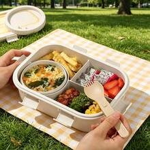 Multi-Compartment Leak-Proof Fresh-Keeping Box With Utensils, Portable Bento Box For Outdoor Picnic, Beige, 1000ml Capacity - Multicolor - View 5
