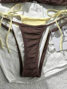 Women's Retro Polka Dot And Striped Bikini Swimsuit, Casual And Fashionable For Vacation, Music Festivals, Cup Races, Kentucky Derby, Summer Beach. - 黃色咖啡色 - 查看 7