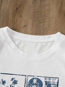 Girls Cotton Short Sleeve Tee, Retro Japanese Tokyo Wave Sakura Print Crew Neck T-Shirt, Loose Casual Kids Top For Daily - White - View 5