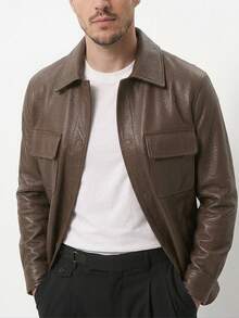 Men's PU Leather Jacket With Pockets, Casual, Stylish, Premium Fashion, Winter, Button-Down, Streetwear, Old Money - 鏽棕色 - 查看 4