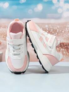 1 par de zapatillas deportivas de malla con cierre de gancho y bucle para niñas, diseño de bloques de color blanco y rosa, lindas, fáciles de poner y quitar, para uso diario, primavera, verano y otoño (talla única talla grande pequeña) - Rosa - Ver 4