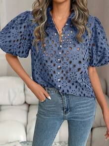 Elegant Lace Blouse With Eye Embroidery And Puff Sleeves For 2024 - Navy Blue - View 1