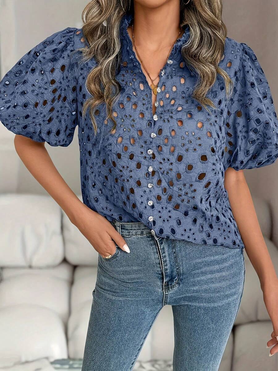 Elegant Lace Blouse With Eye Embroidery And Puff Sleeves For 2024 - Navy Blue - View 1