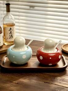 1pc Cute Mushroom Shaped Ceramic Seasoning Jar With Spoon, Multi-Purpose Salt & Sugar Canister, Kitchen Storage Jar, Coffee & Sugar Jar, Afternoon Tea Utensil, Home Decor Gift - Multicolor - View 11