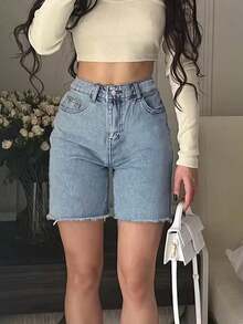 Women's Casual Frayed Hem Denim Shorts With Pockets Summer - Light Wash - View 1