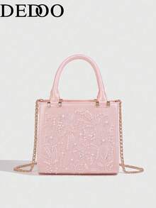 Dedoo Satin Faux Pearl Women's Mini Handbag, Women's Chain Shoulder Bag, Fashion Small Tote Bag, Women's Luxury Designer Fashion Handbag - Pink - View 5