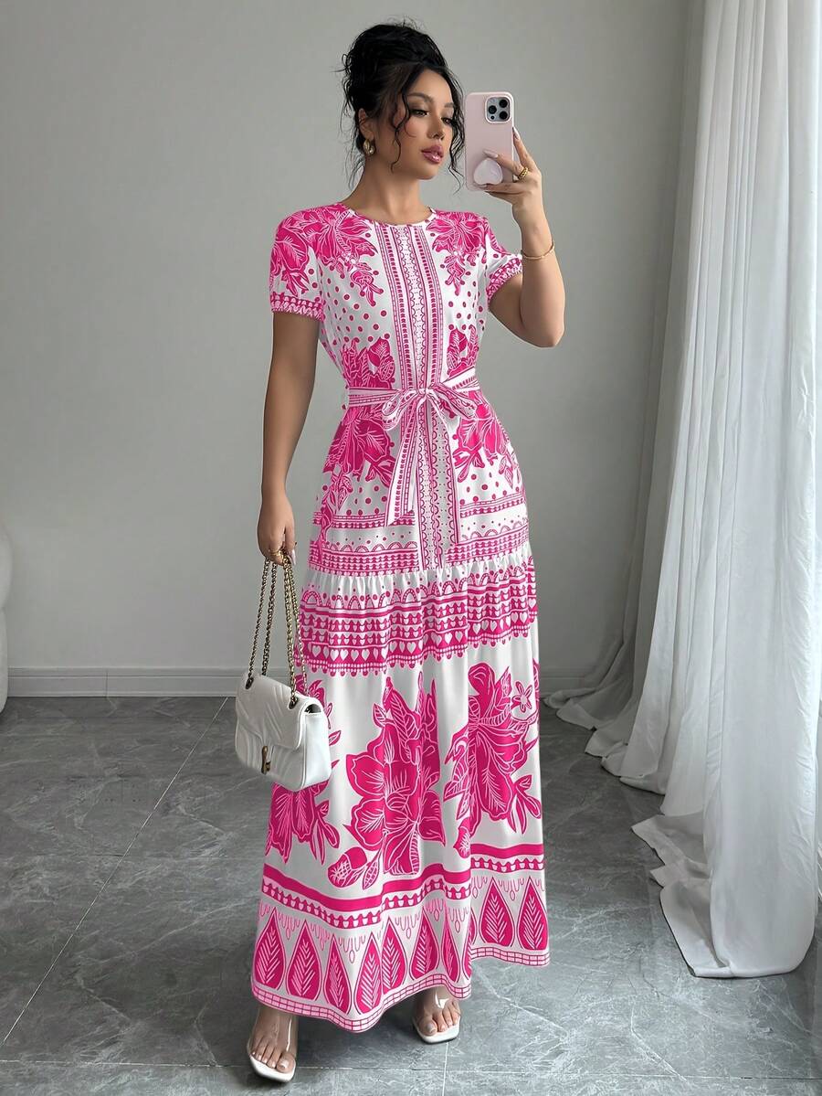 Vestido de Moda Oriental con Estampado Floral y Cinturón Ajustable para Mujer, Escote Redondo - Blanco marfil - Ver 1