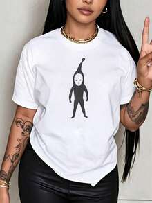 Under The Radar Crew Neck With Fun Print, Black T-Shirt With White Alien Graphic Design, Casual Oversized Top For Women, Unisex Fashion T-Shirt, Ideal For Holiday Gifts - Vintage Urban Style, Unisex Loose Fit Cotton Short Sleeve Crew Neck T-Shirt - 白色 - 查看 1