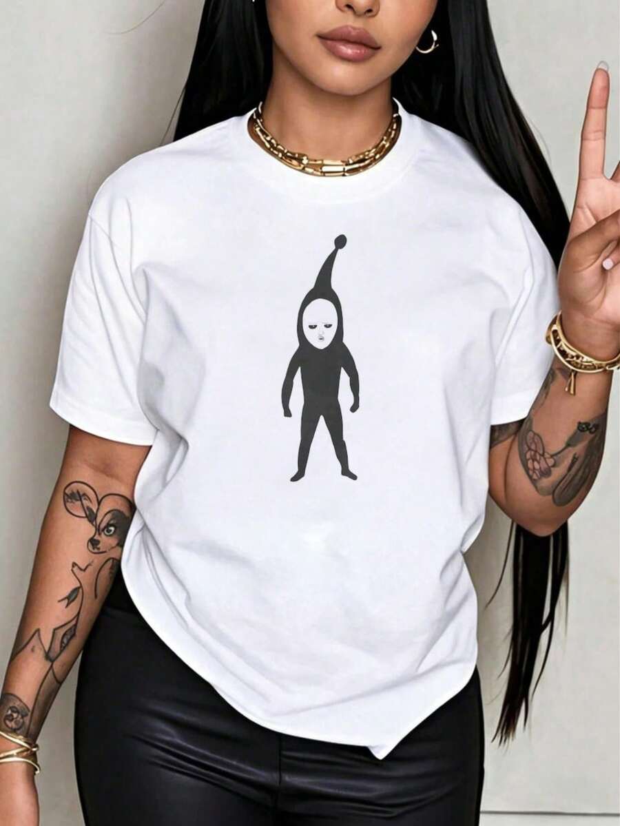 Under The Radar Crew Neck With Fun Print, Black T-Shirt With White Alien Graphic Design, Casual Oversized Top For Women, Unisex Fashion T-Shirt, Ideal For Holiday Gifts - Vintage Urban Style, Unisex Loose Fit Cotton Short Sleeve Crew Neck T-Shirt - 白色 - 查看 1