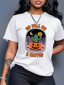 Plus Size Women's Halloween Print T-Shirt - GO FALL ON! Fun "Cactus" Slogan Combined With Cactus, Pumpkin, And Western Desert Designs. - Lightweight, Non-See-Through Casual Top, Suitable For Fall Parties, Western-Style Events, And Everyday Wear. - Easy-Care Crew Neck Blouses. - 黑色 - 查看 6