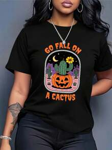 Plus Size Women's Halloween Print T-Shirt - GO FALL ON! Fun "Cactus" Slogan Combined With Cactus, Pumpkin, And Western Desert Designs. - Lightweight, Non-See-Through Casual Top, Suitable For Fall Parties, Western-Style Events, And Everyday Wear. - Easy-Care Crew Neck Blouses. - 白色 - 查看 5