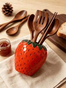 1pc Strawberry Shaped Ceramic Kitchen Utensil Holder, Large Capacity Cooking Utensil Can, Suitable For Kitchen Countertop, Ceramic Kitchen Utensil Storage Rack, Can Store Spatulas And Other Items, Kitchen Home Decor - Vintage Red - View 5