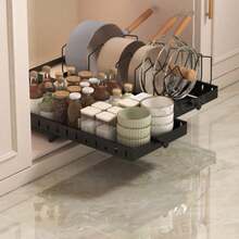2pcs/1pc Pull-Out Kitchen Storage Rack, Flat Bottom Pan Storage Rack, Under Cabinet Cookware Storage Rack, With 8 Adjustable Compartments And Pull-Out Rails Pot Lid Rack, Kitchen Sliding Pot Lid Panel Rack And Flat Bottom Pan Organizer Rack/Cabinet Sliding Storage Rack, For Storing Cookware, Pot Lids, Bowls, Plates, Baking Tools In Kitchen Storage Rack, Suitable For Back To School Season - Multicolor - View 3