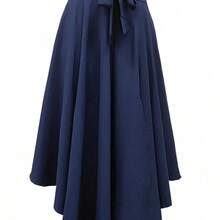 Falda de cintura alta de unicolor con corte en A, con bolsillos ocultos y abertura alta, elegante y casual para primavera - Marrón - Ver 3