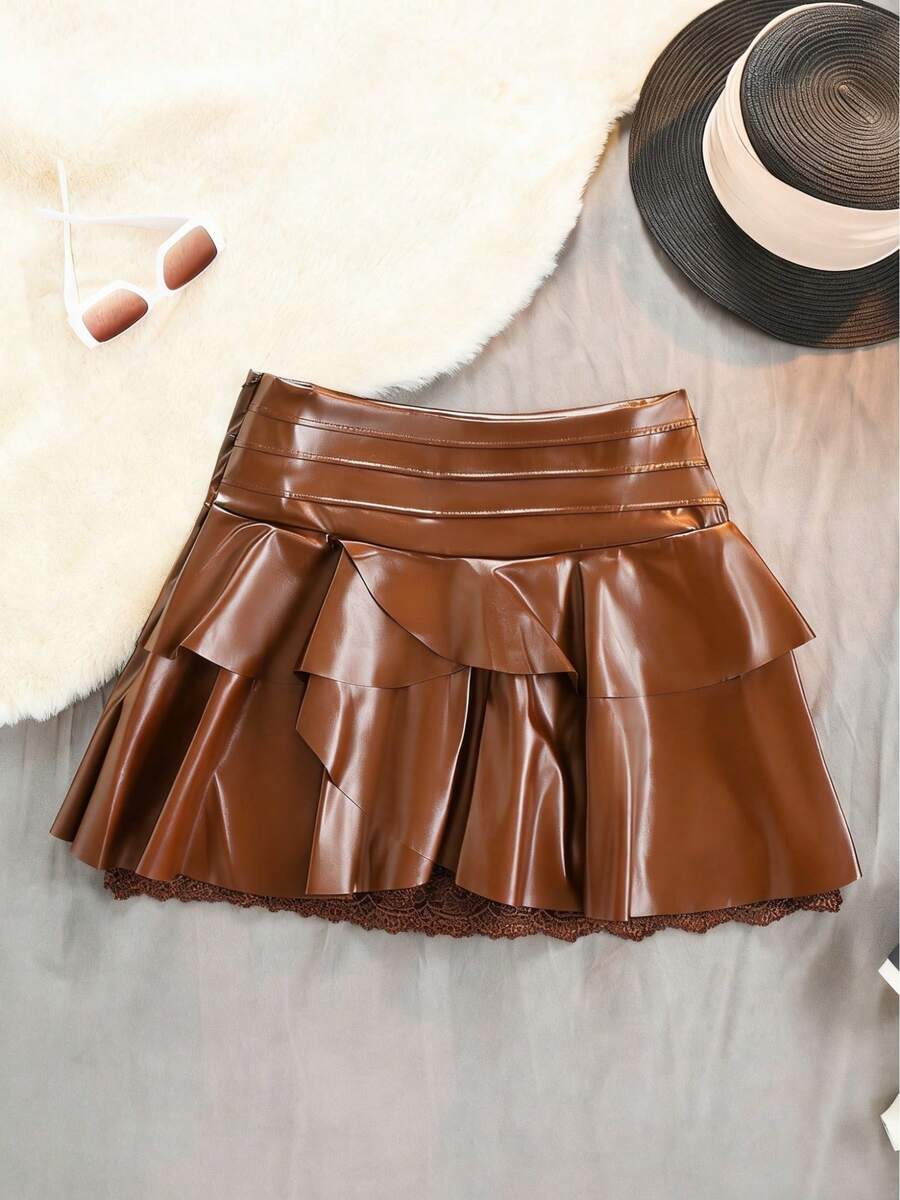 Women's High Waist Mini Skirt - Solid With Lace Details, H-Line Silhouette And Flared A-Line Hem, Structured Mini Skirt Without Belt, Ideal For Spring, Summer And Autumn. Casual Or Elegant Wear (Office, Party, Wedding) - [咖啡店] - 查看 1
