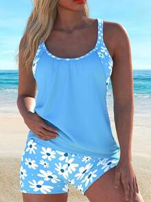 CURVASWIM Women's Floral Print Tankini Swimsuit Set - 藍色 - 查看 7