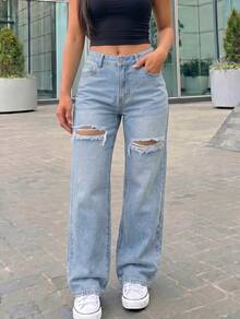 Women's High Waist Cargo Jeans With Ripped Detail, Retro Street Style, Versatile Denim Pants - Xanh nhạt 2 - Xem 3