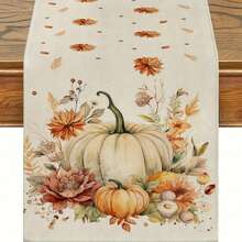 1pc Fall Watercolor Pumpkin & Floral Print Table Runner, Rustic Farmhouse Style Table Runner, Machine Washable Dining Table Scarf For Autumn Harvest, Thanksgiving, Everyday Home Decor - Multicolor - View 5