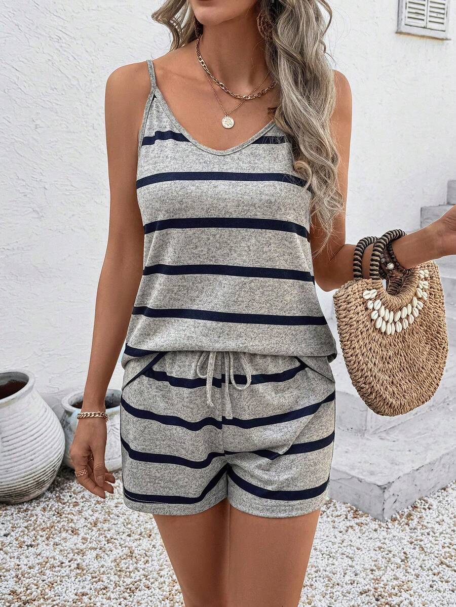 2 piezas Conjunto casual de mujer con tirantes de espagueti a rayas, simple y de moda para el uso diario - Multicolor 2 - Ver 1