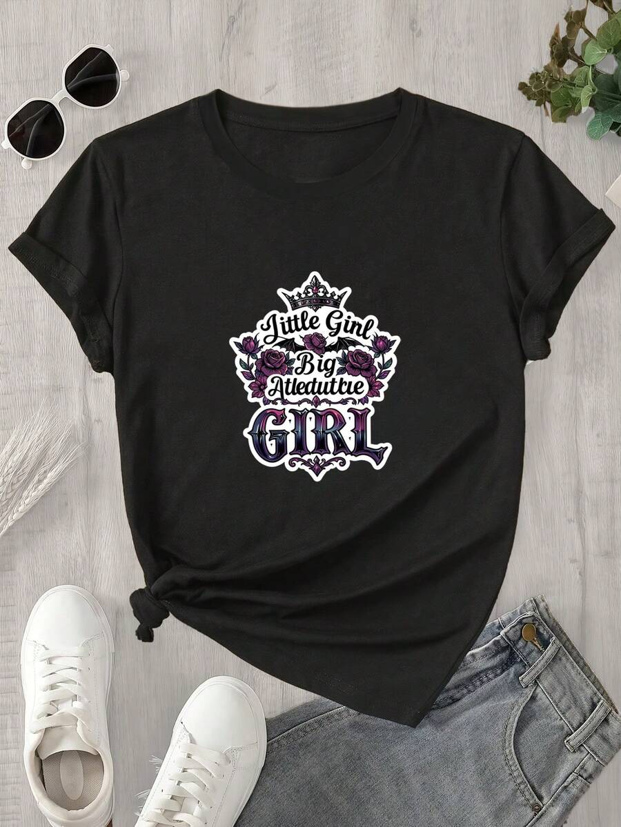 Camiseta de manga corta estampada con cuello redondo para mujer, ideal para chicas aventureras y apta para todas las estaciones. - Negro - Ver 1