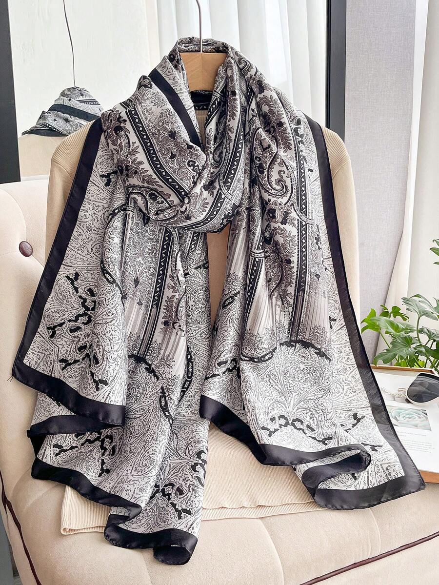 1件女款仿絲佩斯利花卉印花披肩圍巾,春/秋季百搭時尚配件,適合旅行與日常穿搭 - 黑色 - 查看 1