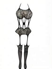 Sexy Fishnet Lingerie, Women's Plus Size Lace Slip Dress, Black Fishnet Dance Dress - Black - View 3