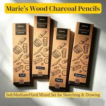 Marie's Natural Wood Charcoal Pencil Series Soft/Medium/Hard Charcoal 12pcs/Box Natural Wood Hexagonal Barrel Comfortable Grip Uniform Charcoal Core Break-Resistant Suitable For Sketching, Quick Drawing, Hand-Drawn Art Enthusiasts - Set - View 2