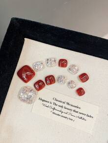 12pcs Handmade Press On Nails, Short Square Red & Iridescent Glitter, Toe/Finger Fake Nails For Women - Multicolor - View 4