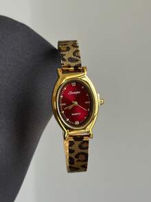 1pc Women's Oval Silver-Black Square Gold-Tone Dial Quartz Casual Watch, Suitable For Daily Wear - Red - View 1
