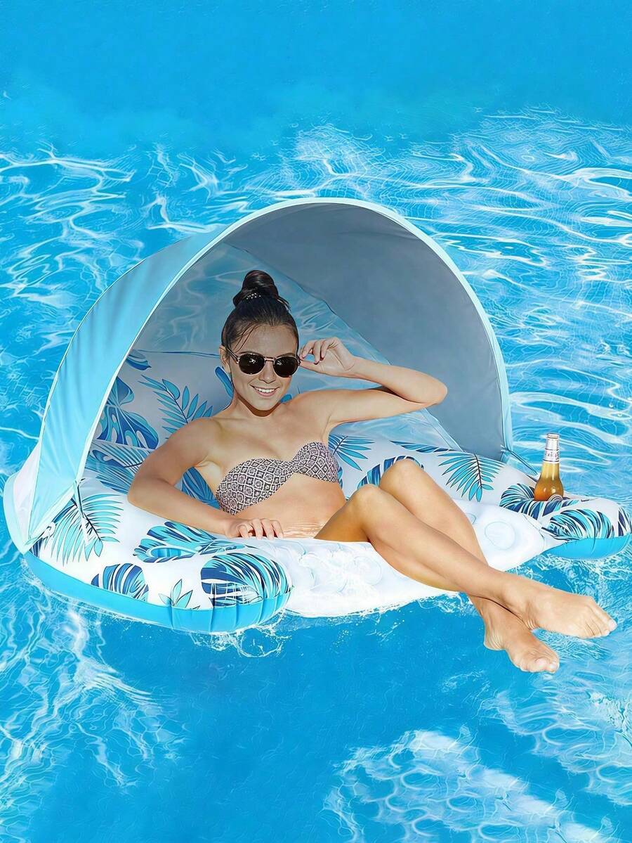 Inflatable Pool Float With Sun Shade, Adult Water Lounge Chair With Cup Holder, Tropical Leaf Print Floating Chair, Summer Sun Protection Relaxing Pool Float, Durable PVC Water Hammock, Suitable For Beach And Pool Parties - Multicolor - View 1