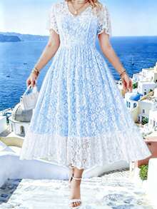 Plus Size Women's Long Dress, Elegant And Simple With Lace Details, Ideal For Holidays Or Parties, Belt Not Included - 灰藍色 - 查看 6