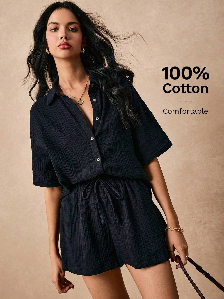 Conjunto de verano de dos piezas para mujer, conjunto de playa de dos piezas, tela de algodón 100% con textura, mangas acampanadas, pantalones cortos con bolsillos laterales, adecuado para v - Negro - Ver 1