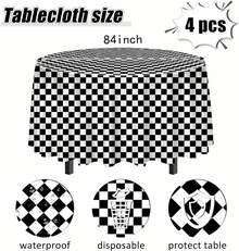 SietDESEO - Juego de 2 manteles redondos de plástico de 84 x 84 pulgadas, impermeables, color blanco, desechables, para bodas, cumpleaños, baby shower, fiestas, pícnic, mantel circular - Paquete de 4 manteles redondos blancos y negros - Ver 4