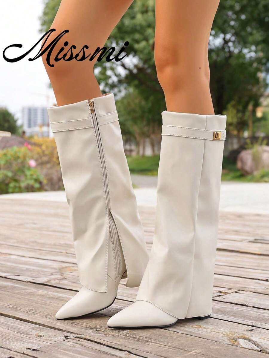 Botas altas de punta estrecha para mujer, estilo europeo y americano, Otoño/Invierno 2025 Primavera/Verano, con caña recta ajustada y tacón de cuña