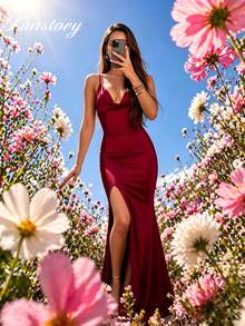 QIANZHIDU Women's Burgundy Long Dress New Elegant Gorgeous Vintage Bohemian Style Solid Color Tank Top Backless High Slit Zipper Stretch Waist Thin Shoulder Strap Summer Evening Gown, Suitable For Wedding Bridesmaid, Banquet, Birthday, Wedding, Music Festival, Beach Vacation, Tea Party, Stage And Country Music Concert - Burgundy - View 5