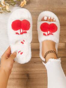 CMLM Women's Home Slippers Open Toe Cartoon Embroidered Cherry Indoor Slip-On Fuzzy Slides - White - View 8