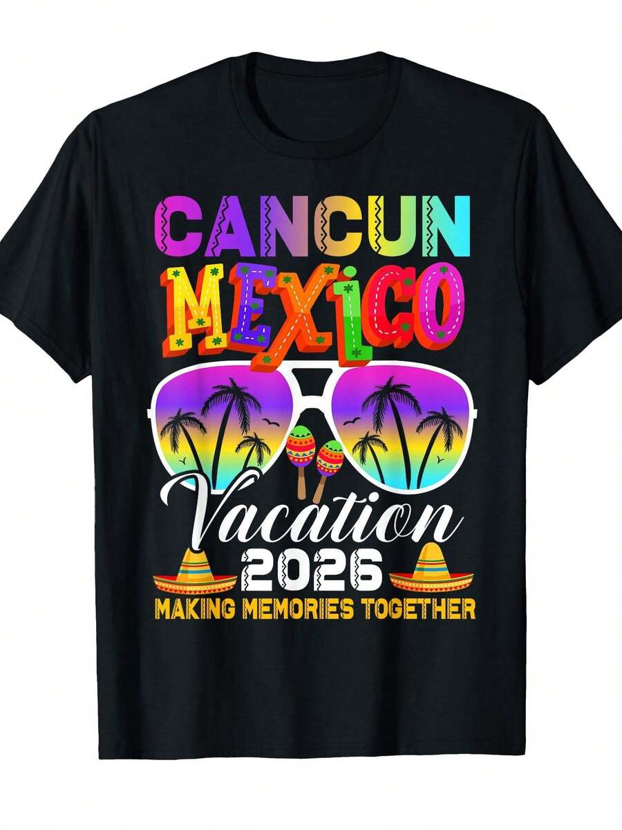 Camiseta Unisex de Vacaciones en Cancún, México - Manga Corta con Estampado del Mapa de Cancún, Tallas S-XXL, Ideal para Viajes, Regalos, Ropa para Equipos de Viaje a México y Uso Casual par - Negro - Ver 1