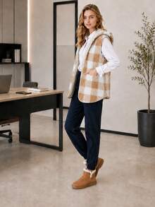 Women's Winter Fleece Vest With Reversible Hood. - Apricot - View 3