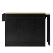 Isla de cocina sobre ruedas, isla de cocina extensible con zona de comedor, especiero y cajones, isla de cocina móvil e independiente, ideal para la cocina y el comedor (blanca). - Negro - Ver 9