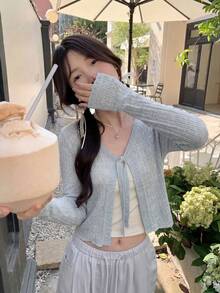 輕量開襟衫 春夏新品 長袖 淺藍色 女款甜美針織短版前綁帶鏤空開襟衫 休閒上班約會度假街拍百搭 - 藍色 - 查看 7