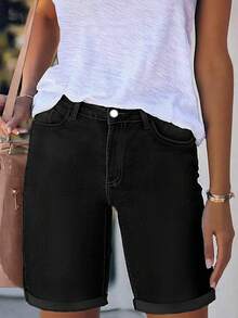 Shorts bermuda en denim noir à la mode pour femmes, shorts en denim à élasticité moyenne, fermeture à bouton et braguette zippée, design décontracté pour l'été - Noir - Voir 5