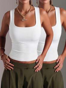 Vacation Outfits Women White Square Neck Tank Top & Sage Green Wide Leg Pants Set, Summer Casual Resort Outfit - 白色+白色 - 查看 1