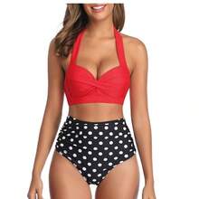 Bikini de cintura alta con estampado, tirantes al cuello y lazos, para mujer; bañador de dos piezas que estiliza la figura - pantalones negros y verdes - Ver 2