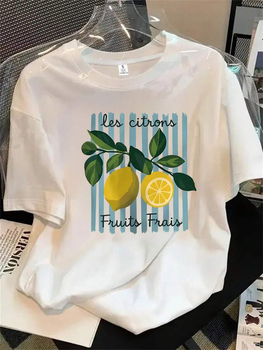 Top de mujer de manga corta y cuello redondo con fondo de rayas y estampado de limones, apto para todas las estaciones. - Blanco - Ver 1