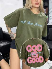 230g Heavyweight Washed Cotton Crew Neck T-Shirt - GOD IS GOOD. Double-Sided Vintage Distressed Pattern, Unisex Relaxed Casual Streetwear Style, Brown Background With Pink And Blue Lettering, Perfect For Spring/Summer Casual Wear, Easter, And Holiday Outfits. Versatile Printed T-Shirt. - 綠色 - 查看 1
