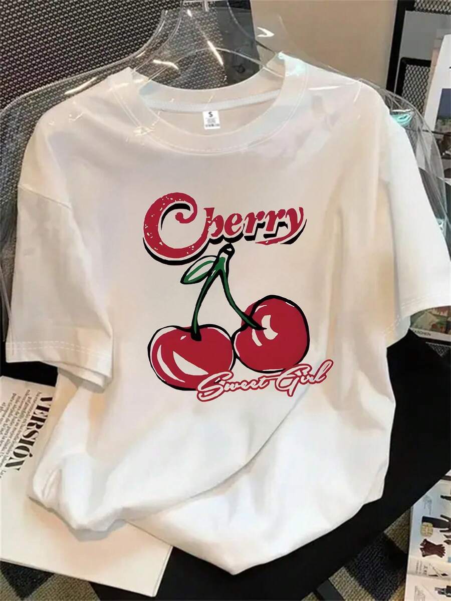 Camiseta de manga corta con cuello redondo para mujer y logo de cereza. Camiseta de manga corta con un dulce estampado de cerezas, ideal para todas las estaciones. - Blanco - Ver 1