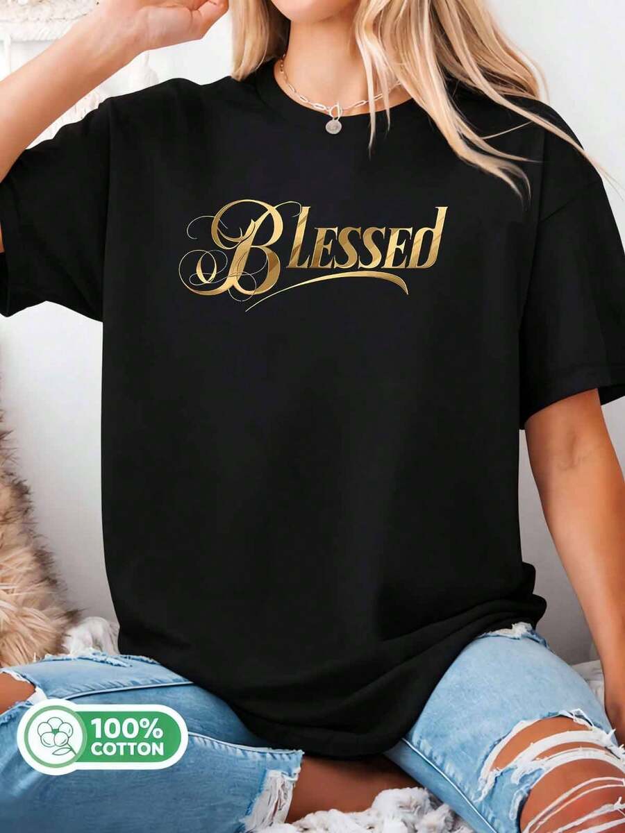 Blessed Gold Foil Script Inspirational 100% Cotton Aesthetic Oversized T-Shirt - Black - View 1