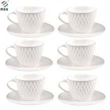 12pcs White Cup & Saucer Set, Ceramic Coffee Cup & Saucer, Breakfast/Tea Cup, Home Decor; 6pcs White Tea Cup & Saucer Set, Porcelain White Tea Cup Set, Unique Embossed Design, Dishwasher , Christmas Gift - Multicolor - View 17