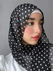 1件女款休閒優雅雪紡波點圍巾/頭巾/頭巾，法式奢華阿巴亞配件，適合日常穿著與派對 - 多色-黑底圓點 - 查看 4