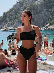 Set Bikini 2 Potong Wanita dengan Tekstur Bergaris dan Tali Bahu yang Dapat Dilepas, Pakaian Renang Pantai untuk Liburan Festival Musim Panas, Pakaian untuk Keluar, Hitam - Hitam - View 8